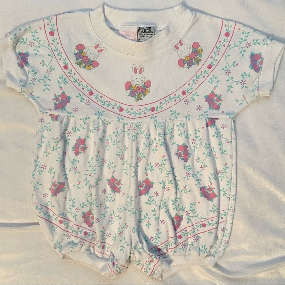 Vintage Honors Baby Girls Bunny & Flower Romper 12M One Piece Easter Spring
